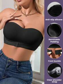 Women Invisible Strapless Push Up Bra Front Closure Convertible Bandeau W/ Clear Straps - Black - View 7