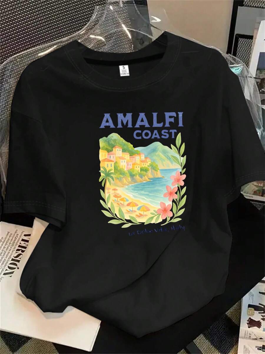 Camisetas de algodón estampadas de moda para mujer, letras en inglés, Navidad, Halloween, lindos patrones de dibujos animados, patrones de flores y otros estampados, telas cómodas, - Negro - Ver 1