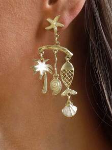 2pcs High Quality Conch Starfish Fish Shell Coconut Tree Bohemian Style Multicolor Metal Women Earrings, Suitable For Daily Commute, Party, Beach Vacation - Multicolor - View 2