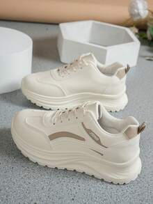 Giày thể thao nữ casual 2024 xuân/hè mẫu mới, da mềm, đế dày tăng chiều cao, chunky, lưới thoáng khí, giày chạy bộ thể thao siêu hot - Màu Khaki - Xem 5