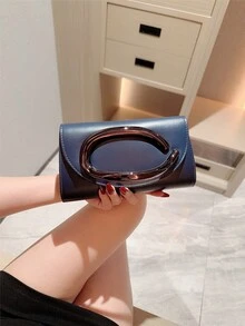 1件歐美時尚金屬裝飾迷你方盒手拿包，高端亮面金屬條女士手提包，優雅奢華晚宴包，適用派對/浪漫婚禮/舞會/雞尾酒會/畢業舞會，PU皮革配金屬鏈條 - 藏蓝色 - 查看 7
