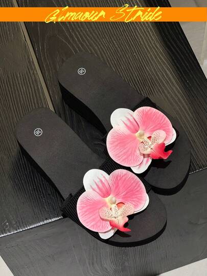 Sandalias tipo slide de plataforma negra con decoración de flor de orquídea rosa para mujer, flor artificial 3D, tira única, suela gruesa, tacón de cuña, casual de verano para playa, antideslizantes, sandalias tipo slide de plataforma de cuña negra para mujer, decoración de flor de orquídea rosa 3D, tira única, antideslizantes, sandalias de verano para vacaciones en la playa