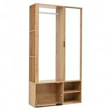 Wardrobe 100 X 33 X 190 Cm With Entryway, 6-In-1 Entryway Wardrobe, Including A Coat Rack, Hanging Rail, Mirror, And Shelf. Width: 100 Cm. Low Door. Wood Color. - Natural Color - View 8