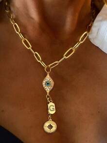 1pc Gold Initial Necklace, Luxury Letter Pendant Chain With Evil Eye, Exquisite Holiday Party Gift For Women - Yellow Gold - View 28