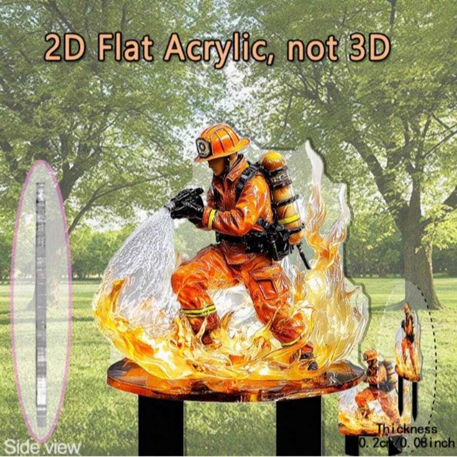 2D平面消防員主題壓克力地插、戶外紀念裝飾標誌、防水耐刮花園草坪創意插牌