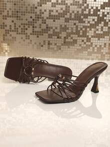 2026 Premium Vintage Woven Metal Buckle Open Toe Square Toe High Heel Sandals For Women Summer Outdoor Wear - Brown - View 3