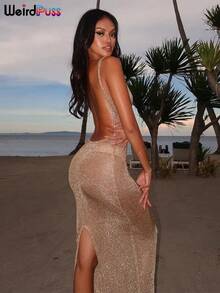 Vestido transparente con diseño de gato extraño para mujer, vestido fino sin mangas con purpurina y abertura, ropa para discoteca con espalda descubierta, Vestidos sexys para playa 2024 - Pago - Ver 9