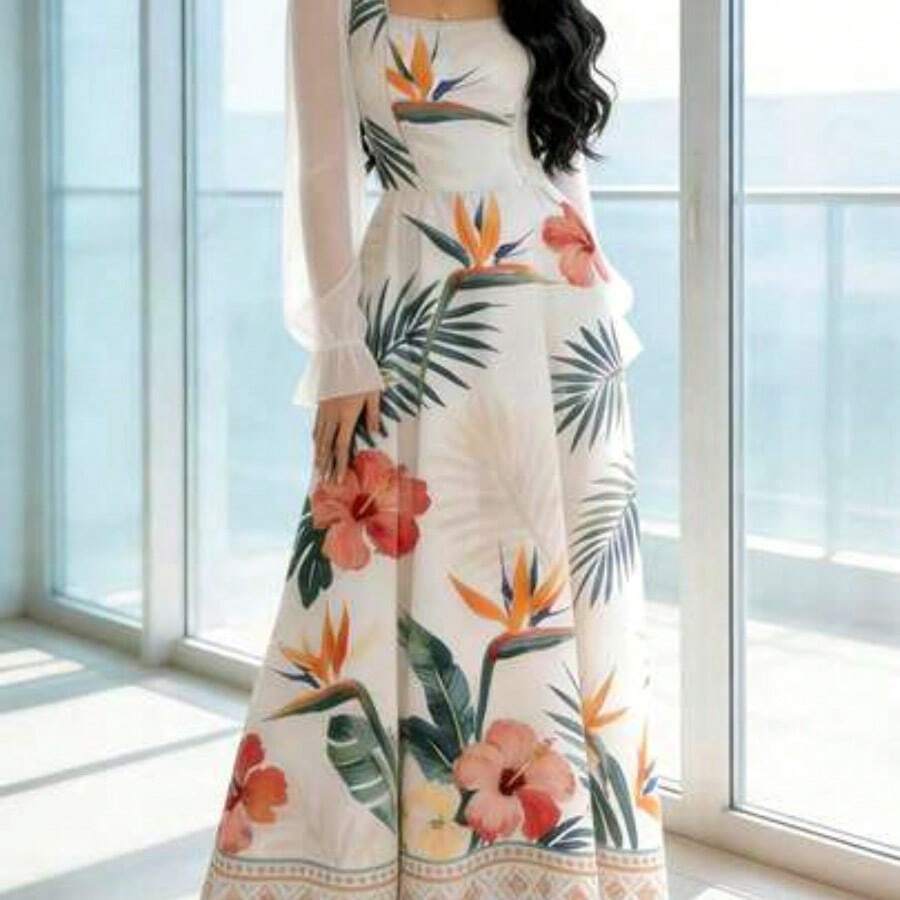 jianchaimaoyi02 Vestido de manga farol de cuello cuadrado con estampado floral diminuto, vestido largo elegante con cintura ceñida para verano y uso diario, vestido floral negro - Multicolor - Ver 1