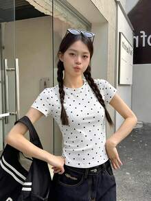 波點女款圓領修身短袖T恤，夏季修飾身形美式風格百搭辣妹上衣，休閒款 - 波點-白色 - 查看 2