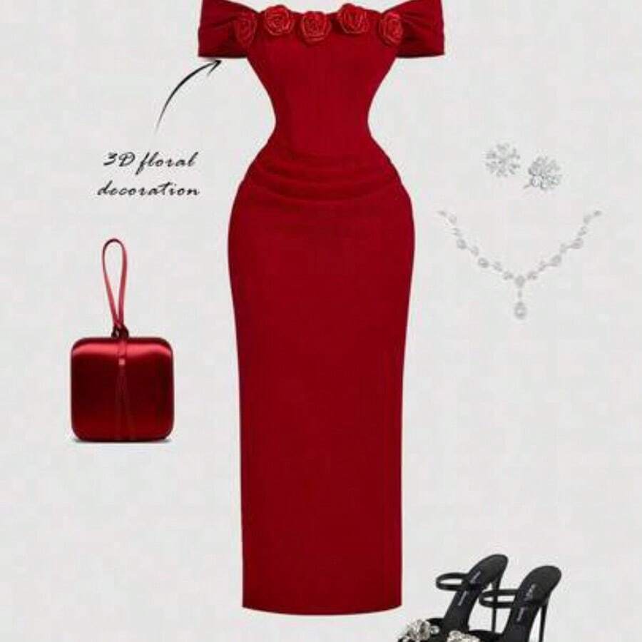 jianchaimaoyi02 MOD Vestido tubo midi con fruncido floral 3D en color rojo para mujer, vestido de invitada de boda de otoño, vestido de graduación, Año Nuevo, Día de San Valentín - Rojo - Ver 1