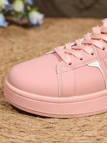 Zapatillas deportivas de mujer 2026 rosa brillante con suela gruesa, zapatos casuales de cuero PU suave con cordones, zapatos deportivos cómodos con suela gruesa antideslizante, adecuados para uso diario y ropa de calle - Rosa - Ver 9