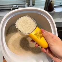 Cuchara de arroz funcional con taza y cuchara de medición - Herramienta de cocina, mango ergonómico, diseño a prueba de plagas, medición precisa para arroz, harina, pasta, sopa, granos - Cuchara de plástico resistente, cuchara de medición para mascotas/con borde y accesorio de cuchara (compatible con balanza inteligente) - Adecuado para cocinas domésticas y comerciales - Ver 9