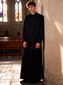[Black & Red Trim Stand Collar Long Robe]Vintage Stand Collar Design With Eye-Catching Red Trim And Red Button Decoration, Suitable For Halloween, Vampire Theme Party, Cosplay, Gothic Style Events, Medieval Roleplay, And Retro Theme Dance Party, Versatile Item. - Black - View 4