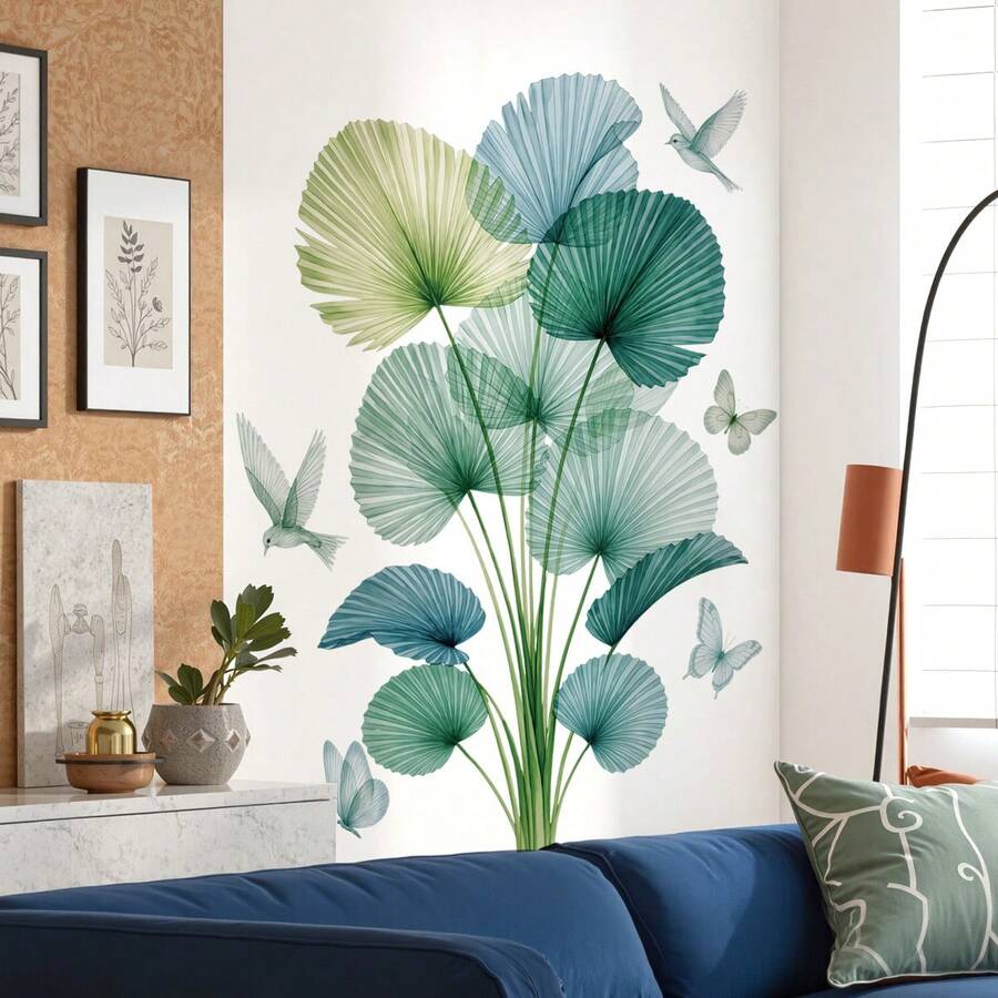 2pcs Plant Leaf Background Wall Landscape Painting, Pastoral Floral Wall Decor Sticker, Floral Decoration, Removable Waterproof PVC Wall Decal - 69389-weiyudu - View 1