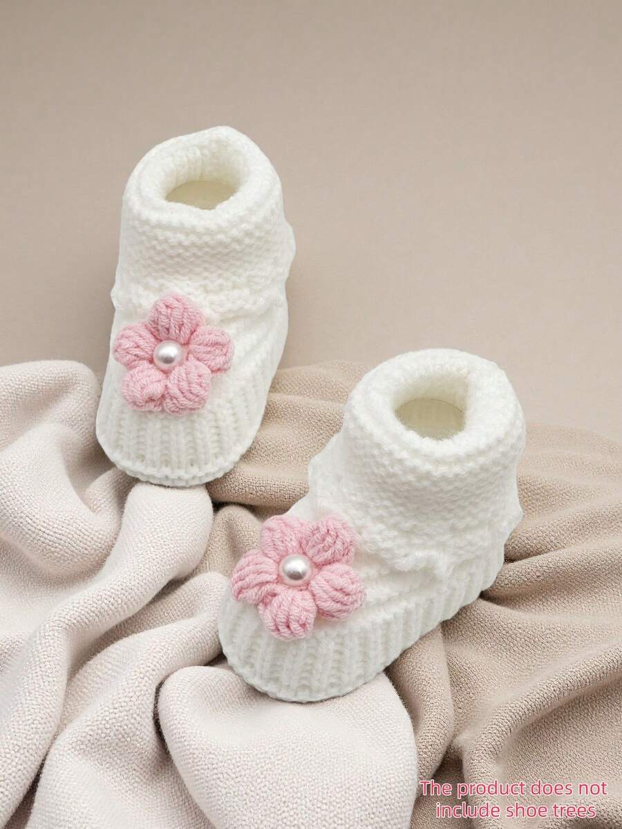1 Pair Handmade Infant Knitted Flower Boots, White Infant Crib Shoes - Pink - View 1