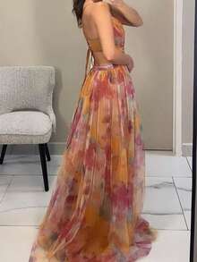 Lightweight Printed Tulle Strappy Dress For Spring And Summer - 橘色 - 查看 3
