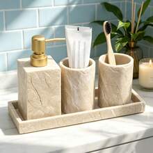 Faux Bark Texture Bathroom Wash Set, Faux Yellow Bark Texture Closer To Nature, Unique Pattern, Manual Soap Dispenser, Tumbler, Soap Dish, Tray, Toothbrush Holder - Yellow Bark Texture - View 5