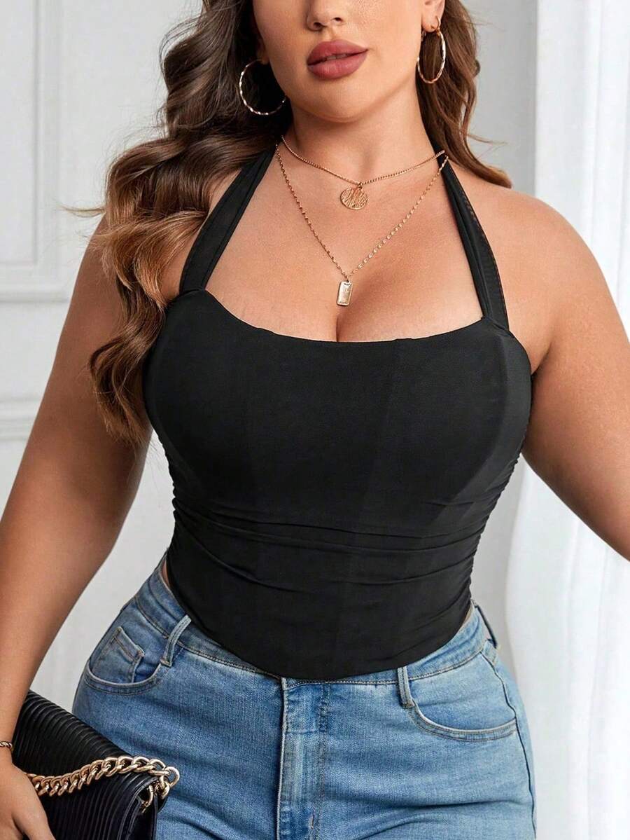 Apperloth A Plus Size Women Mesh Halter Backless Bodycon Top Black Summer - Black - View 1