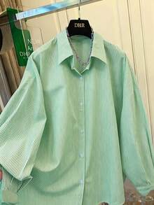 Women's Blue & White Striped Shirt, Loose Fit, Tie Back Design, Suitable For Commuting, Casual Wear, Beach, Vacation - Green - View 3
