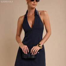 Fengyu Women's Clothing Store  Vestido mini elegante de mujer con cuello en V y cintura ceñida, ropa de mujer para primavera/verano - Azul y blanco - Ver 1