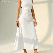 Fengyu Women's Clothing Store PETITE Vestido largo de línea A con cuello mao sin mangas y fruncido, nuevo para el Día de San Valentín. Elegante y romántico para citas y trabajo, vestidos de verano para mujeres - Marrón - Ver 7