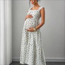 WNS Momance Vestido de maternidad con tirantes anchos, ribete de volantes, espalda con cruce y lazo, silueta ajustada en línea A, falda de varios niveles, vestido largo con estampado floral - Azul y blanco - Ver 4