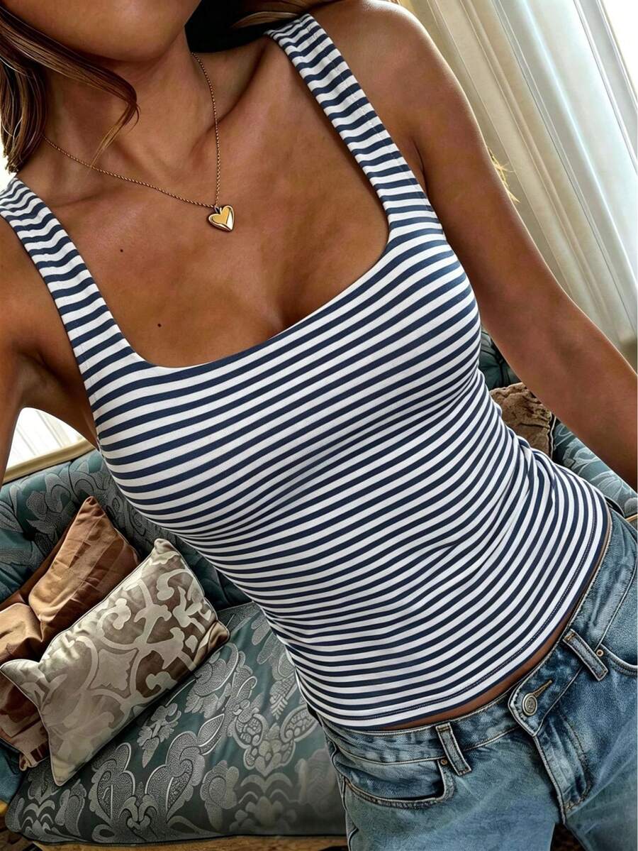Women's Summer/ Fall Y2K Sexy Color Block Striped Cami Tank Top Slim Fit Layering Basic Top For Daily Wear - Blue and White Stripes - View 1