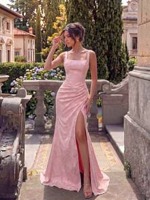 ADYCE Đầm maxi dự tiệc sang trọng bằng vải jacquard, dây đeo rộng, cổ vuông, eo cao, xếp ly, xẻ tà sau, buộc dây, thích hợp cho dạ hội, tiệc sinh nhật, tiệc tối trang trọng, hẹn hò, dạ tiệc, dự đám cưới, sự kiện buổi tối trang trọng, kỳ nghỉ gia đình. - Màu Hồng baby - Xem 5