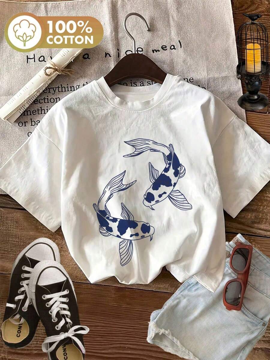 Women's Casual Summer T-Shirt, With Blue And White Porcelain Koi Carp Print, Crew Neck, Short Sleeves, Pure Cotton, Ideal For Summer. - White - View 1