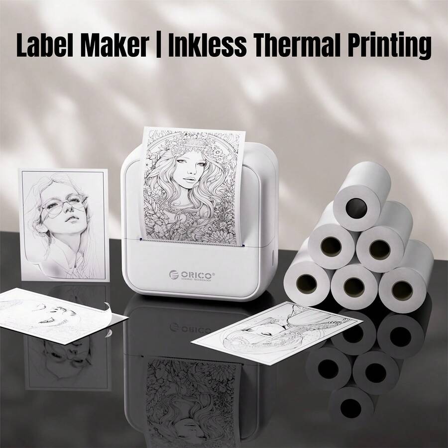 ORICO Portable Thermal Printer, Label Maker - Multifunctional Mini Portable Printer, Comes With 6pcs 56mm Continuous Labels, Wireless Connection, Ink-Free Printing, Suitable For Printing Images, Photos, Diaries, Ideal For Back To School DIY