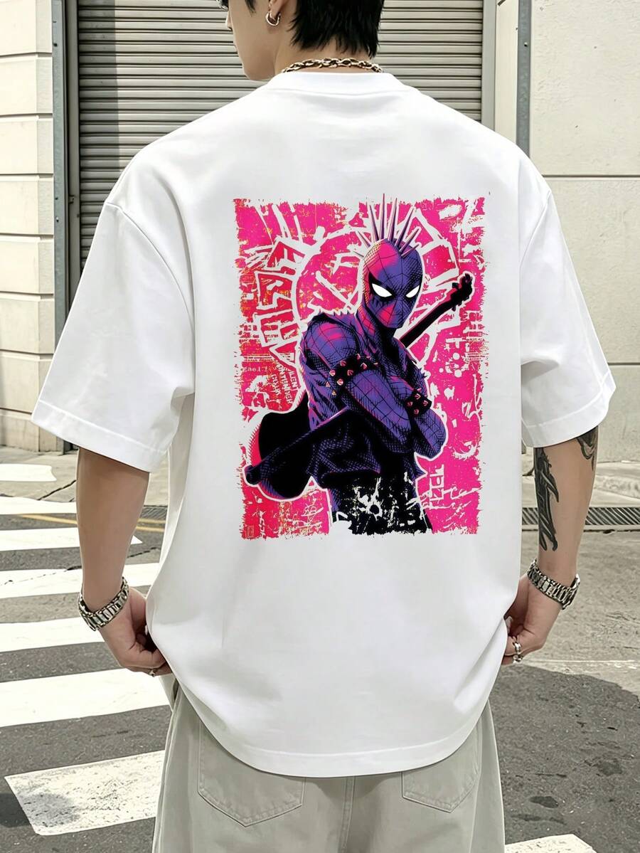 T-shirt graphique Marvel Spider-Man style années 2000, fond rose, 100 % coton, vêtements homme, chemise d'été, série Marvel, cadeau homme, streetwear - Blanc - Voir 1