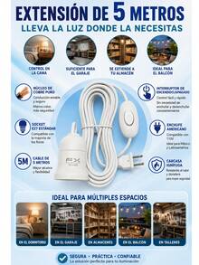 5M Zócalo de luz colgante con cable de alimentación Con enchufe interruptor Zócalo de lámpara E27 Cable de luz,Cable de Extensión & Interruptor de Encendido/Apagado ,Cable de Soporte de Bombilla de Energía, para Proyectos de Iluminación. - Blanco - Ver 8