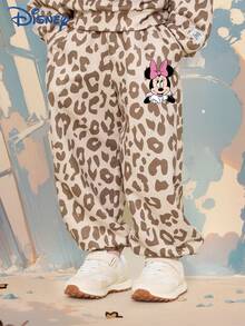 Disney 迪士尼米妮 2件組女童春/秋休閒長褲套裝，少女豹紋可愛「Minnie」圖案長袖圓領上衣搭配彈性腰直筒印花長褲，百搭日常戶外親膚柔軟兒童服飾時尚活力 - 杏色 - 查看 6