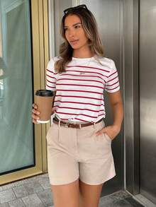 Camiseta casual de mujer a rayas, camisetas gráficas versátiles para mujer - Rojo - Ver 1