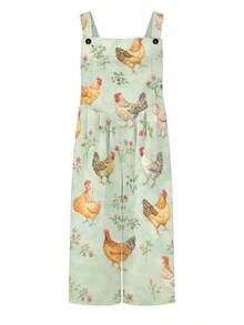 Women's Farm Chicken Floral Print Knit Overalls With Pockets, Machine Washable, Casual Vacation Outfit, Versatile For Daily Wear & Sports - 彩色 - 查看 5