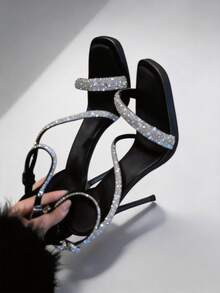 Silver Rhinestone Embellished Strap Peep Toe High Heel Sandals, Elegant French Style,Summer Sandals - Black - View 6