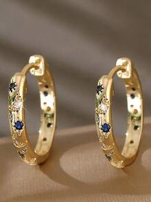 1 Pair Shiny Star Thick Cubic Zirconia Hoop Earrings For Women, Gold-Plated Couple Jewelry, Party Music Festival Fashion Accessory, Anniversary Holiday Graduation Gift For Partner Girlfriend - Earrings - View 1
