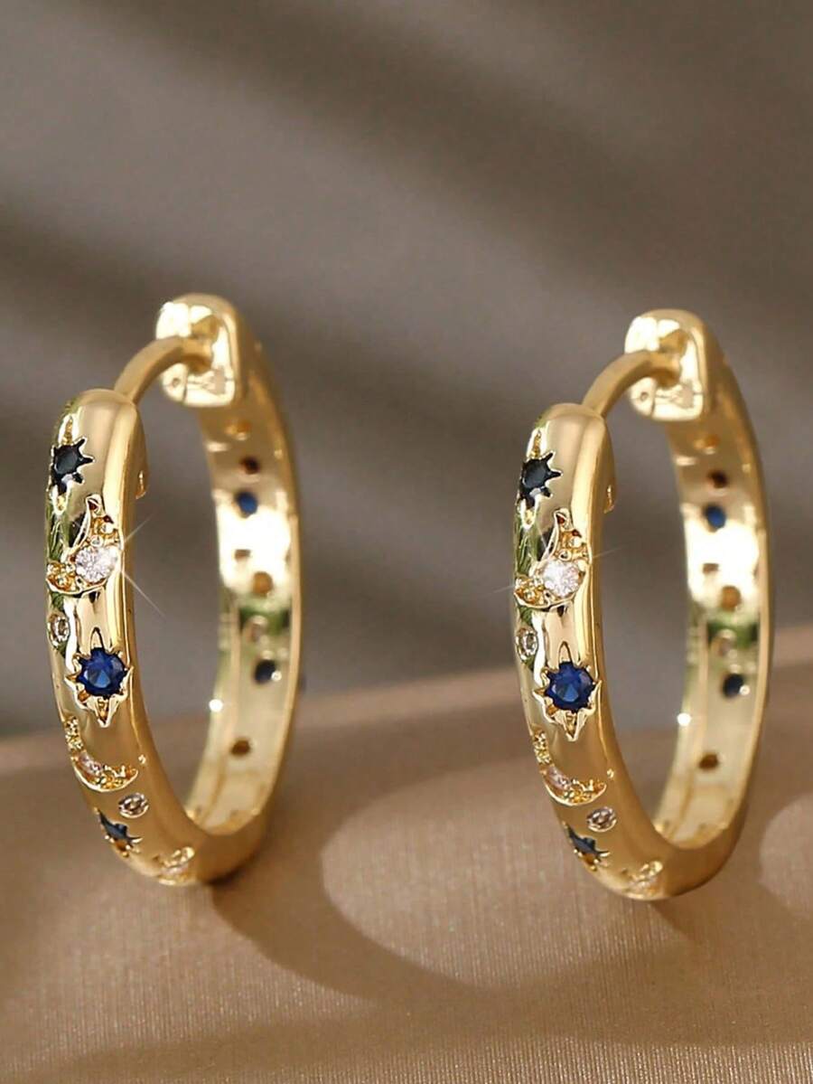 1 Pair Shiny Star Thick Cubic Zirconia Hoop Earrings For Women, Gold-Plated Couple Jewelry, Party Music Festival Fashion Accessory, Anniversary Holiday Graduation Gift For Partner Girlfriend - Earrings - View 1