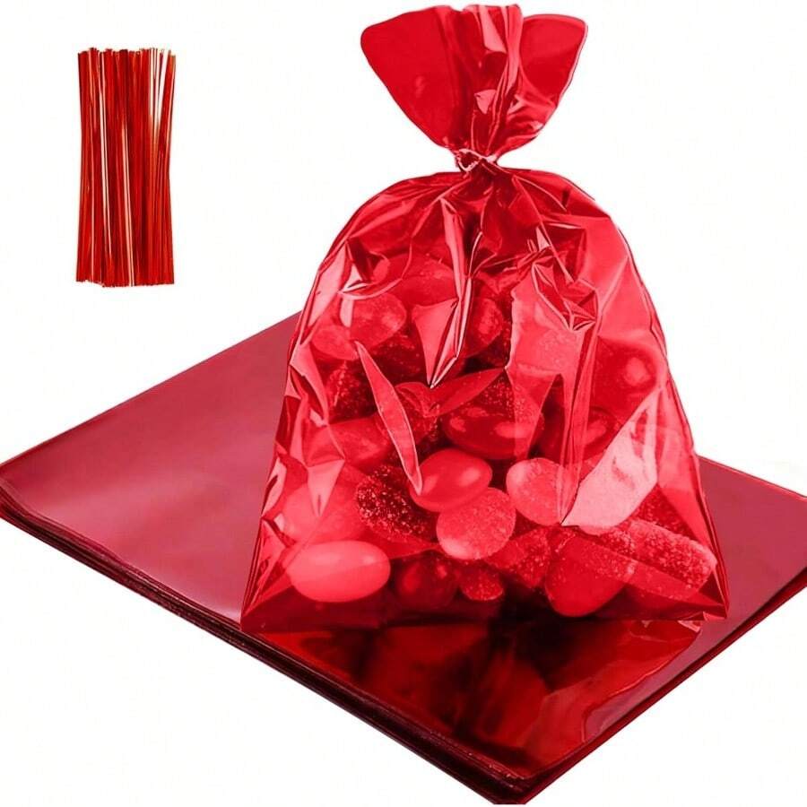 Bolsas de celofn transparentes premium de 8x 11 pulgadas para dulces, galletas y aperitivos. 50 unidades con 60 cierres giratorios. Bolsas de regalo transparentes, duraderas y aptas para al - Rojo - Ver 1