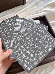 美甲印花鋼板 蕾絲蝴蝶花卉法式圖案 透明轉印矽膠印章鋼板 - 彩色 - 查看 6