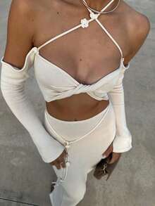 Conjunto de top corto y falda de punto acanalado de manga larga con cuello halter para mujer, estilo casual con tejido ligeramente elástico, pareo ajustado blanco. - Blanco - Ver 1
