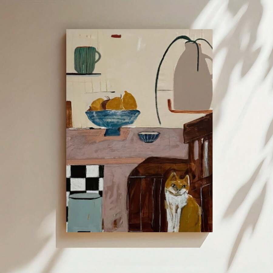Enmarcado 1 lienzo abstracto enmarcado para pared - Diseño moderno de naturaleza muerta con gato naranja, cuencos y jarra azules, póster 2D/plano para decoración del hogar, oficina o cafetería, regalo perfecto para Pascua, Día de la Madre, graduación, arte de oficina | artística | Decoración de interiores - Enmarcado - Ver 1