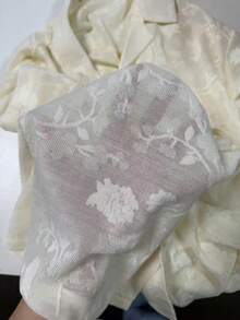 FEIAO 男士复古硬币纹领休闲短袖衬衫，针织花卉提花半透明面料，优雅百搭，适合各种度假场合 - 杏色 - 查看 8