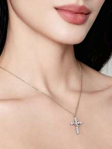 XUJIA 1Pc Of 925 Sterling Silver Cross Pendant Necklace 3mm*11pcs Round Moissanite Necklace Wedding & Baptism Anniversary Religious Jewelry Gifts - PMO-301 - View 5