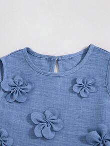Girls' Casual Solid Color 3D Floral Backless Sleeveless Top And Straight Leg Pants 2 Pieces Set, Spring/Summer - Blue - View 4