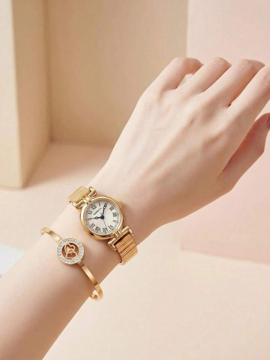 REBIRTH 2pcs/Set Fashion Minimalist Heart Bracelet And Watch Casual Versatile Daily Wear Watch Set - Gold - View 1