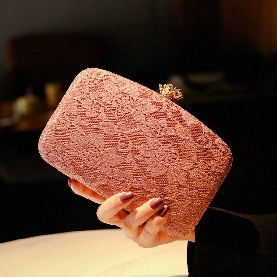 女款復古派對手拿包,優雅水溶蕾絲晚宴包,時尚優雅小方型手提包,適用於派對與婚禮 - 粉色 - 查看 1