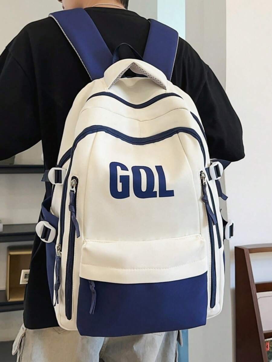 男士休閒後背包,輕量防水尼龍一日背包,適用於男士與青少年男孩,黑白配色拼色字母印花多口袋背包,適合學校、大學與日常通勤 - 彩色 - 查看 1