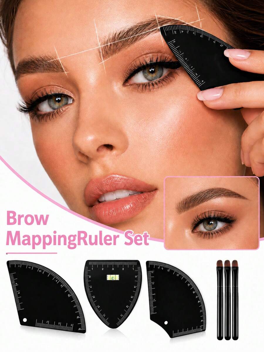 4pcs/1pc Eyebrow Shaping Ruler Set, Eyebrow Measuring And Shaping Tool Set, Includes Eyebrow Brush, Reusable Eyebrow Symmetry Ruler Template, Used For Eyebrow Positioning, Drawing, Trimming, Microblading, Makeup Beginners, Semi-Permanent Makeup Practice And Beauty Salon Beauty Tools - Multicolor - View 1