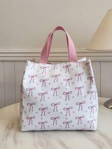 Portable Insulated Lunch Bag, Bento Bag, Dinner Thermal Bag, Thickened Cute Lunch Fruit Bag For Students, Bow Knot Pattern - Beige - View 6